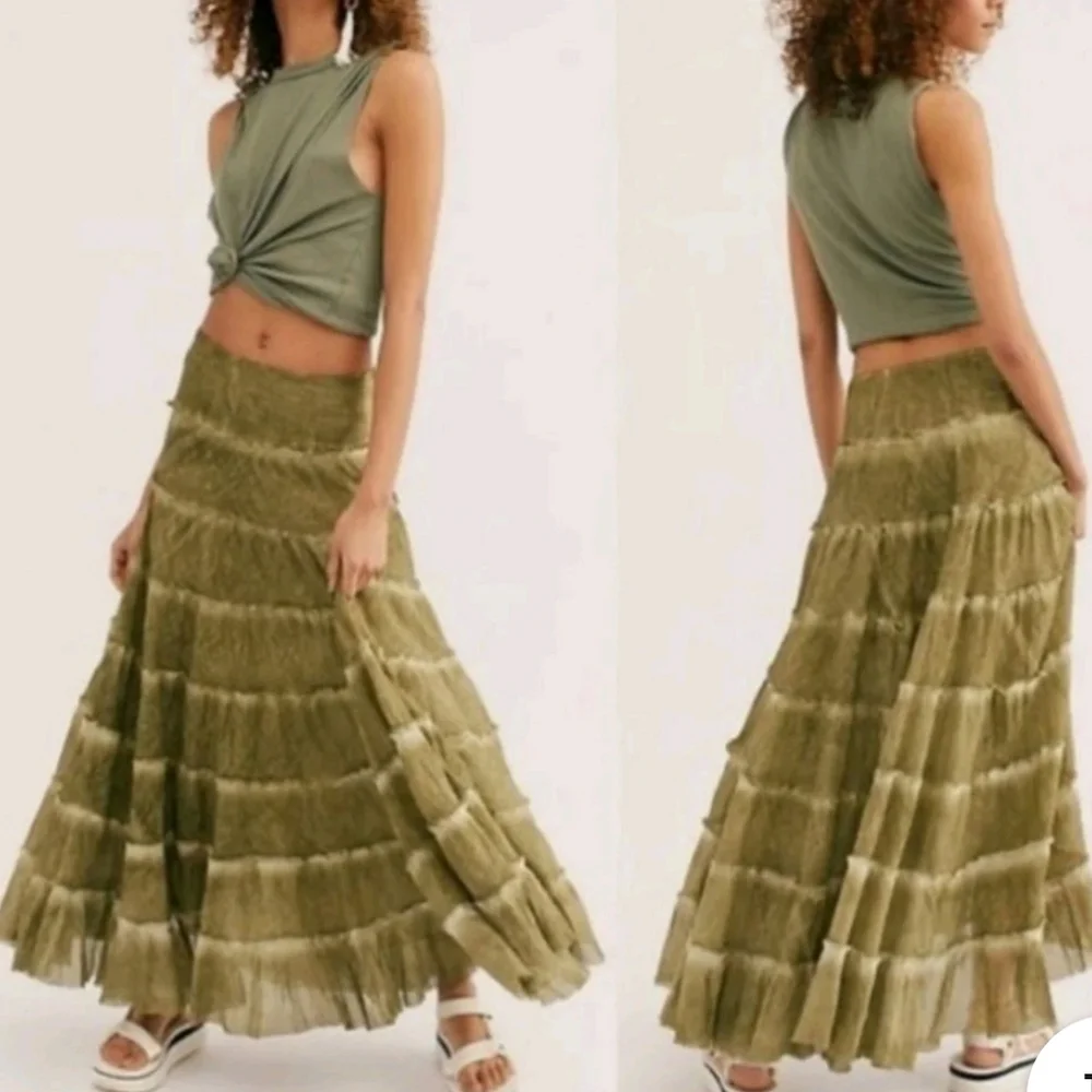 Free People Stuck In A Moment  Maxi Skirt A Line Tiered Ruffle Hem Oregeno S NWT - Picture 4 of 16